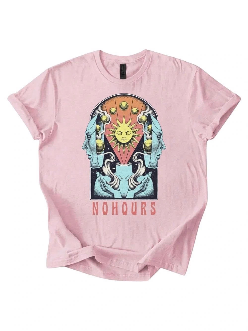 NoHours Graphic Tee - Pink Sun & Moon Illustration